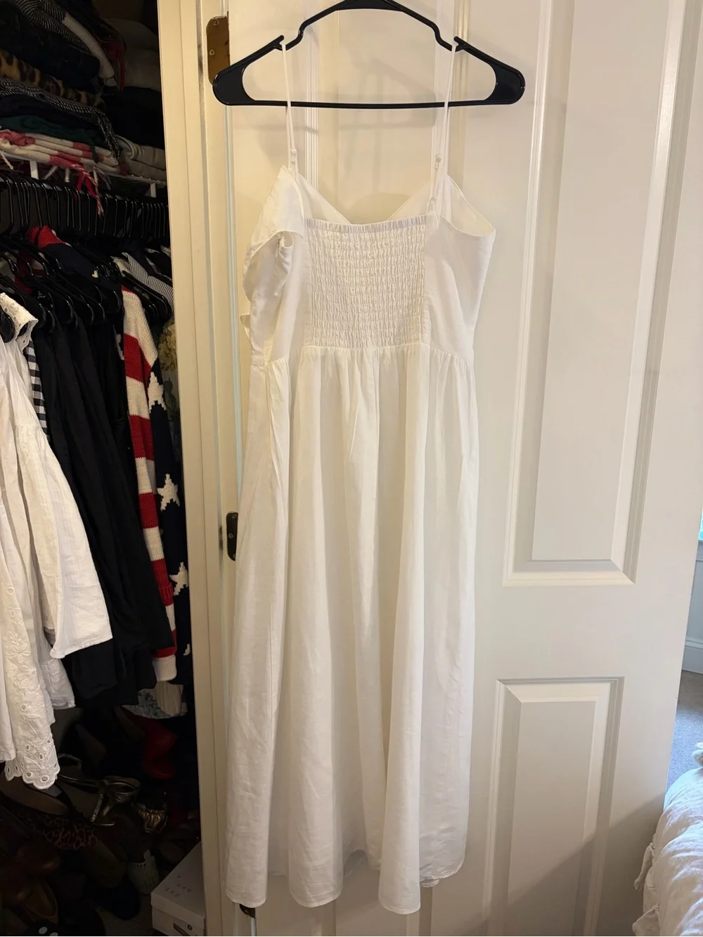 H&M White Ruffle Linen Blend Midi Dress with Spaghetti Straps - Picture 3 of 8